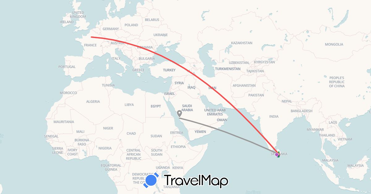 TravelMap itinerary: driving, bus, plane, train, hiking in France, Sri Lanka, Saudi Arabia (Asia, Europe)