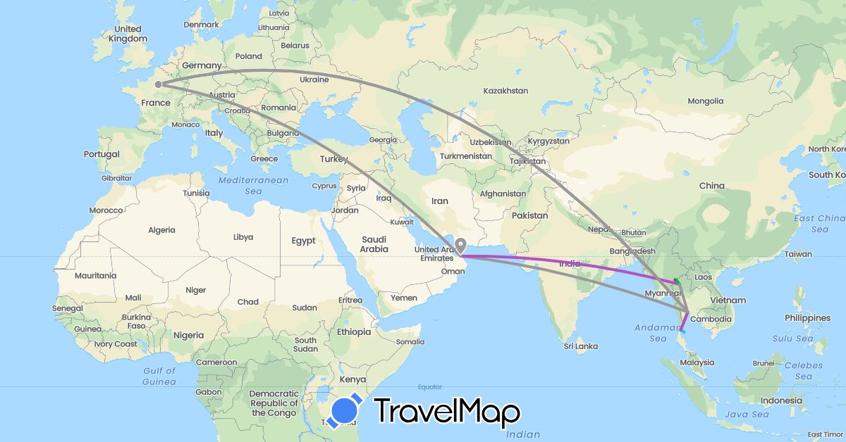 TravelMap itinerary: driving, bus, plane, train, boat, motorbike in France, Oman, Thailand (Asia, Europe)