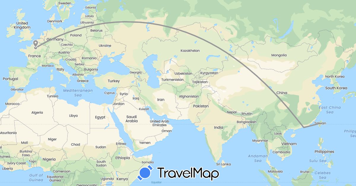 TravelMap itinerary: bus, plane in France, Hong Kong, Taiwan (Asia, Europe)