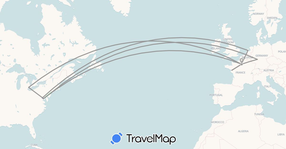 TravelMap itinerary: driving, bus, plane in Germany, France, Netherlands, United States (Europe, North America)