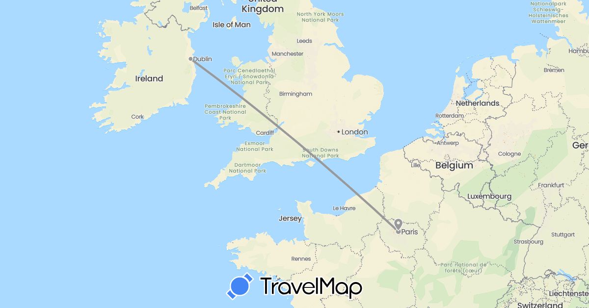 TravelMap itinerary: bus, plane in France, Ireland (Europe)